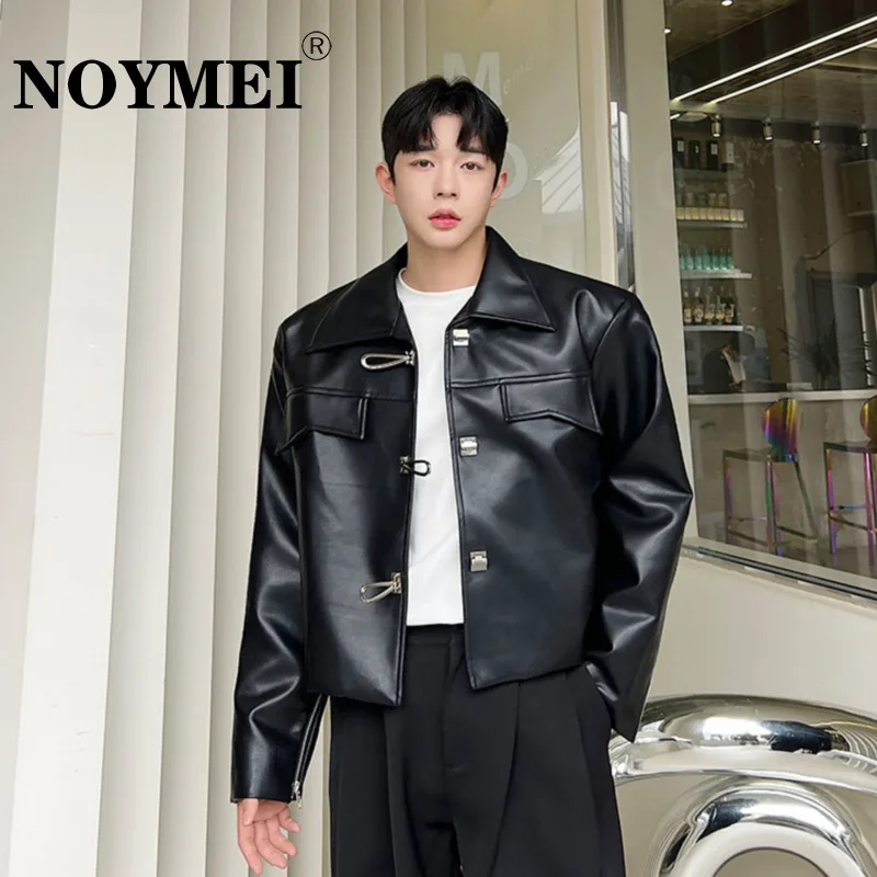 

NOYMEI Metal Button Design Lapel PU Leather Korean Style Men's Jacket Autumn Trendy Niche Handsome Short Coat 2023 New WA2570