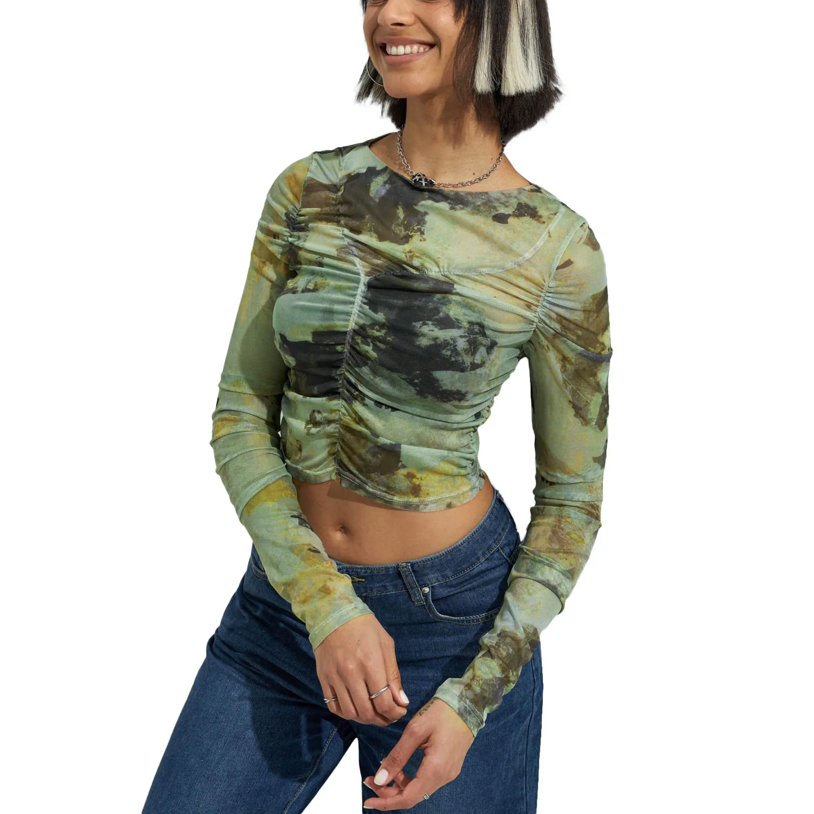 Women Short Top Shirt Long Sleeve Tie-Dyeing Pleated O-Neck Sheer Crop Tops Ladies Spring/Fall Slim Navel Shirt
Women Short Top Shirt Long Sleeve Tie-Dyeing Pleated O-Neck Sheer Crop Tops Ladies Spring/Fall Slim Navel Shirt