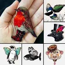 1PC Wooden Magpie Birds Brooch Pin Animal Vintage Broches For Women Cute Penguin Mouse Magpie Shawl Pins Wooden Brooch Bird