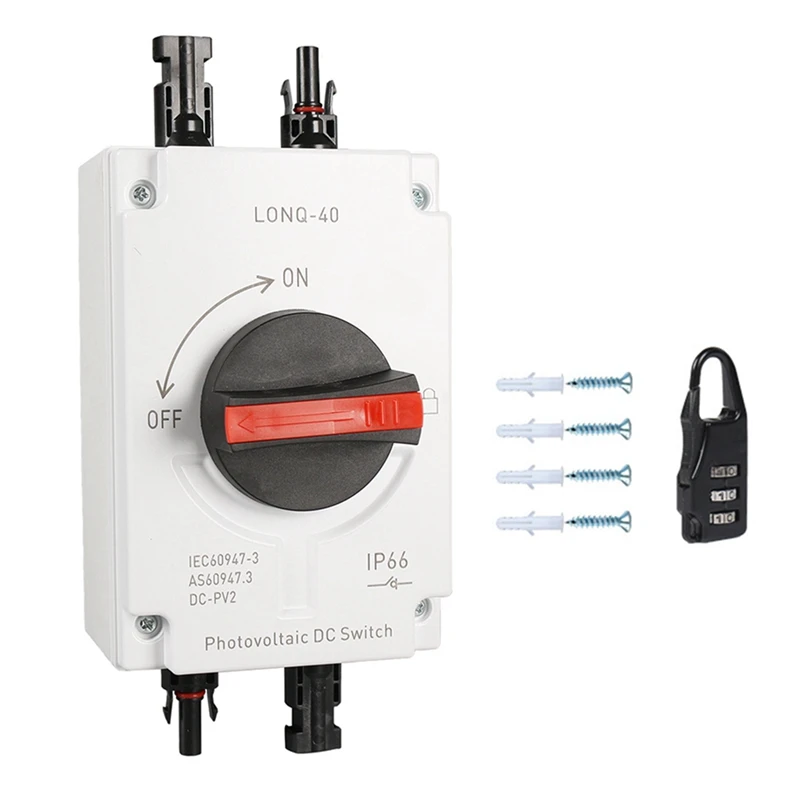 1Set PV Solar Photovoltaic Disconnect Switch, LONQ-40 DC Isolator Solar Switch IP66 Waterproof DC1000V
1Set PV Solar Photovoltaic Disconnect Switch, LONQ-40 DC Isolator Solar Switch IP66 Waterproof DC1000V
