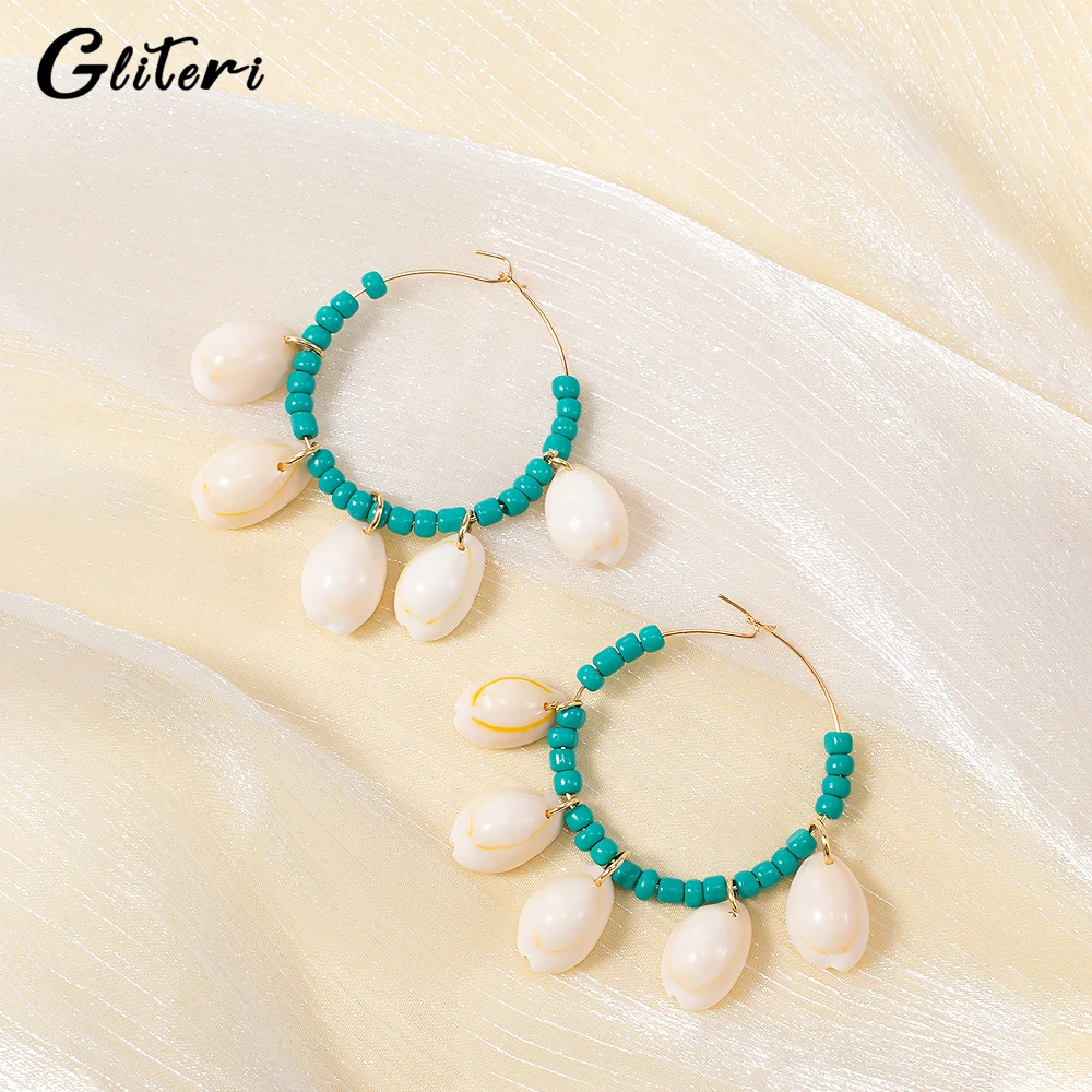 

GEITERI Vintage Bohemia Shell Beads Hoop Earrings For Women Girls Exaggerated Gold Color Hollow Round Drop Earring Charm Jewelry