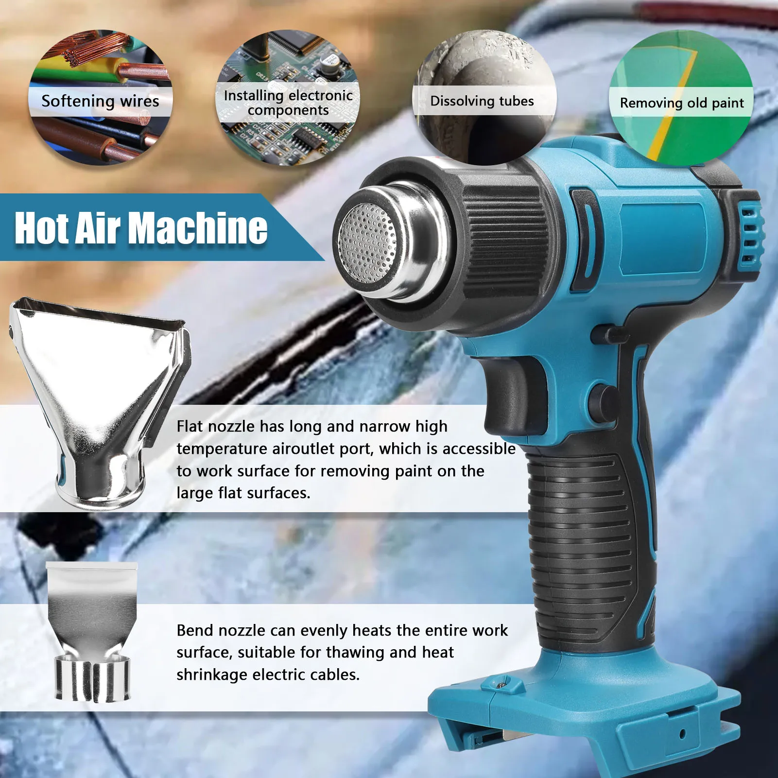 Handheld Cordless Hot Air Gun Power Tool Temperatures Adjustable with 2 Nozzles Electric Heat Gun for 18V Lithium Battery
Handheld Cordless Hot Air Gun Power Tool Temperatures Adjustable with 2 Nozzles Electric Heat Gun for 18V Lithium Battery