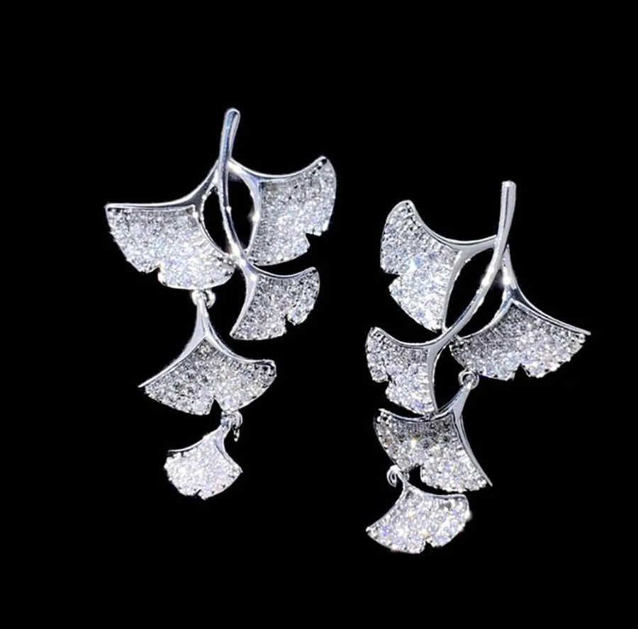 

silver ginkgo leaves personality maple leaf luxury zircon earrings for women high-end designer elegant banquet wedding jewelry
