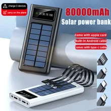 Solar Power Bank Built Cables 80000mAh Solar Charger 2 USB Ports External Charger Powerbank With LED Light For Xiaomi iphone