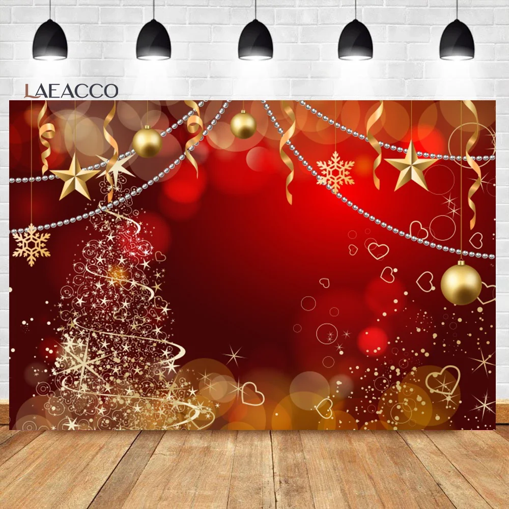 

Laeacco Christmas Red Photography Backdrop Gold Xmas Trees Stars Snowflake Family Party Baby Shower Portrait Photo Background