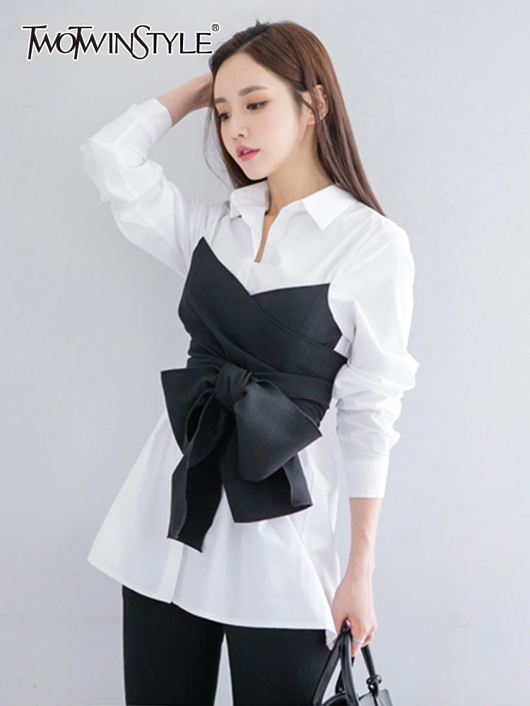 

TWOTWINSTYLE Hit Color Patchwork Bow Lace Up Shirts For Women Lapel Long Sleeve Tunic Blouse Female Fashion Style Clothing 2023