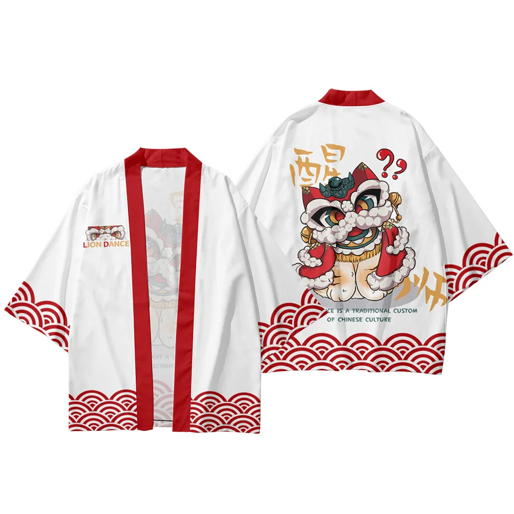 

Casual Men Women Cardigan Cosplay Shirts Yukata Chinese Cartoon Lion Dance Printed Japanese Kimono Streetwear Harajuku Haori