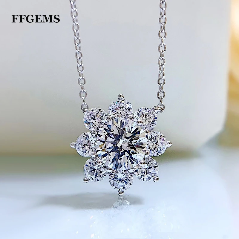 

FFGems 100% 925 Sterling Silver 8 MM Created Moissanite Gemstone Wedding Flowers Pendant Necklace For Women Fine Jewelry Gift