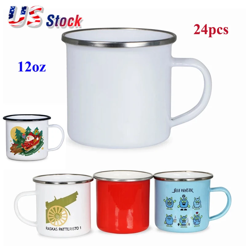 

24pcs/pack 12oz 350ML Sublimation Blank Vintage White Retro Enamel Mug Custom Handmade Cup Christmas DIY Gift US Stock