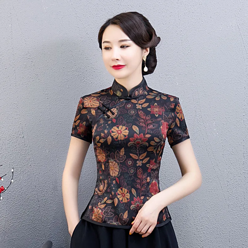 

Eworld Size Vintage Vrouwen Shirt M-5XL Chinese Stijl Cheongsam Blouse Zomer Qipao Jurk Mandarijn Kraag Gown Lady Kleding Vestid