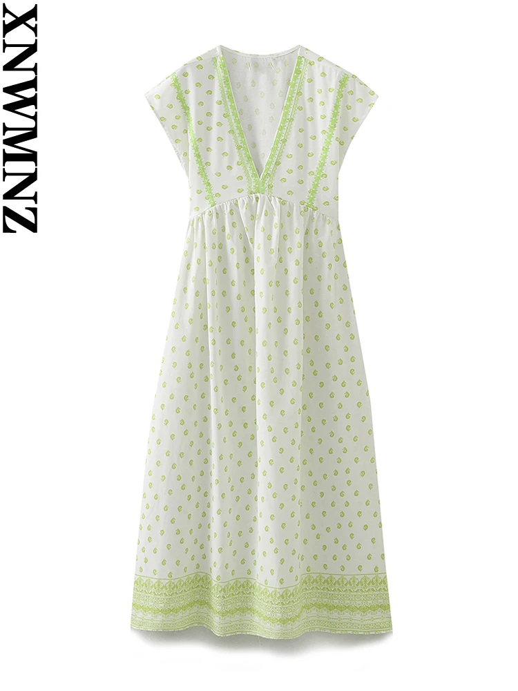 

XNWMNZ Женская мода 2023 вышитые платья для отпуска стиль V-образный вырез короткий рукав повседневные Универсальные женские миди платья