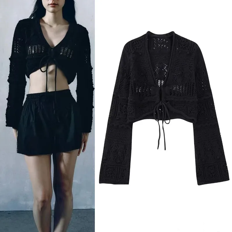 

TRAF Black Knit Cropped Blouses For Woman 2023 Summer New Textured V-neckline Front Tie Closure Design Long Sleeve Casual Shirts