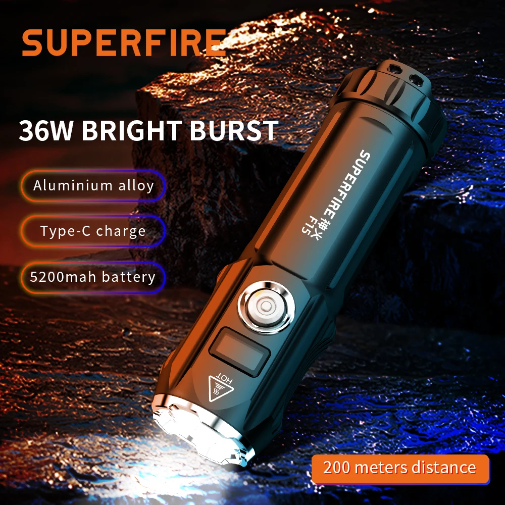 

SuperFire F15-T 36W LED Flashlight 26650 Super Bright Torch With Power Bank Display Zoomable Lantern for Outdoor Camping