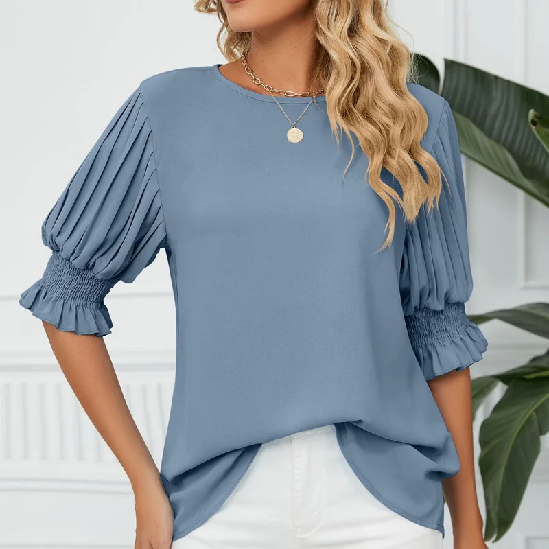 Summer Pleated Short Sleeve Chiffon Shirt Women 2023 Fashion Casual Blouse Loose Office Lady O-Neck Tops Female Clothing 25019
Summer Pleated Short Sleeve Chiffon Shirt Women 2023 Fashion Casual Blouse Loose Office Lady O-Neck Tops Female Clothing 25019