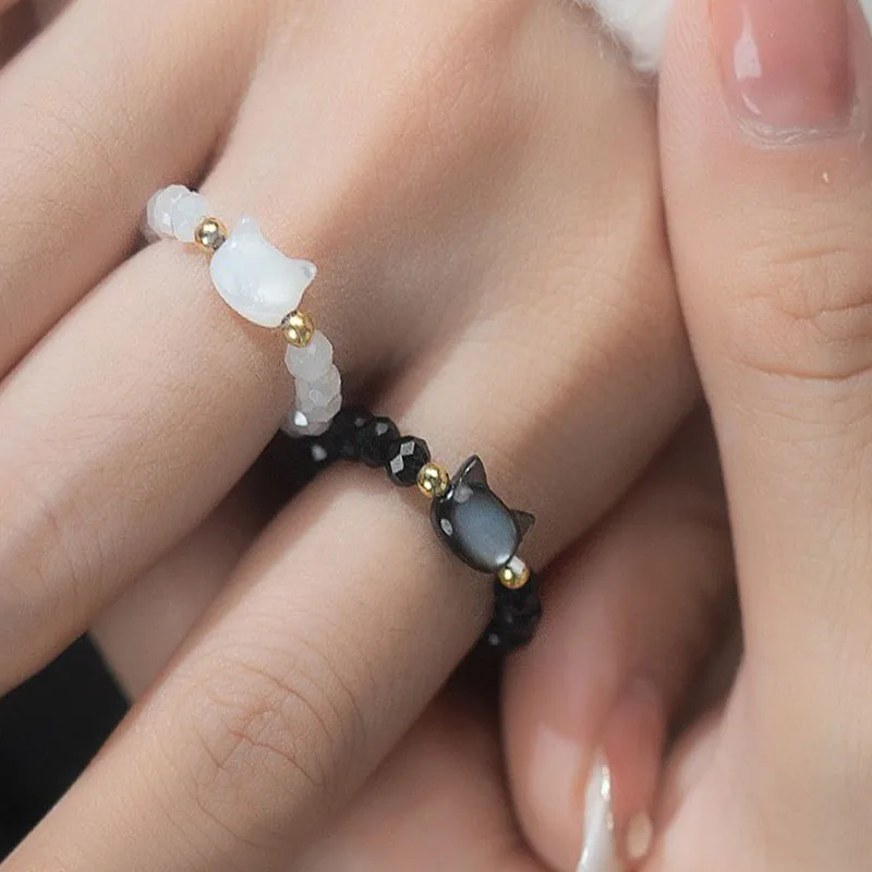 

Natural Moonstone Obsidian Rings Beads Minimalist Fidget Ring Handmade Cute Black White Cat Ring Women Party Accessories Jewelry