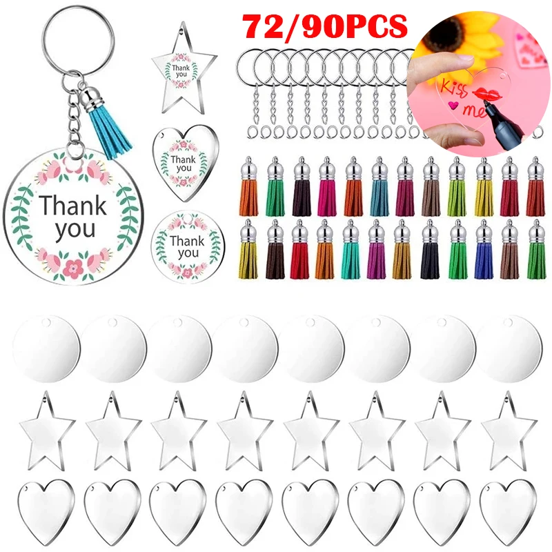 72/90 Pcs Acrylic Transparent Discs Blanks Charms and Tassel Pendants Keyring with Chain for DIY Projects and Crafts
72/90 Pcs Acrylic Transparent Discs Blanks Charms and Tassel Pendants Keyring with Chain for DIY Projects and Crafts
