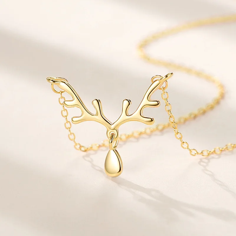 

Perfso s925 Sterling Silver One Deer Has Your Clavicle Chain Mori Fashion Antlers Water Drop Necklace for Women Simple Gift