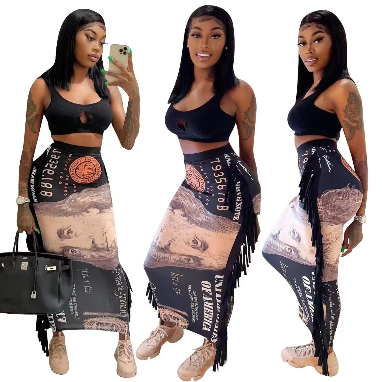 2022 Latest European and American Women's Clothing Fashion Sexy Dollar Head Print Tassel Two-piece Outdoor Travel Supplies
2022 Latest European and American Women's Clothing Fashion Sexy Dollar Head Print Tassel Two-piece Outdoor Travel Supplies