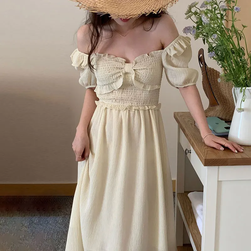 Korean Chic Spring/summer French Sweet Square Neck Off-the-shoulder Two Wearing Bow Pleated Short Sleeve Long Dress Woman
Korean Chic Spring/summer French Sweet Square Neck Off-the-shoulder Two Wearing Bow Pleated Short Sleeve Long Dress Woman