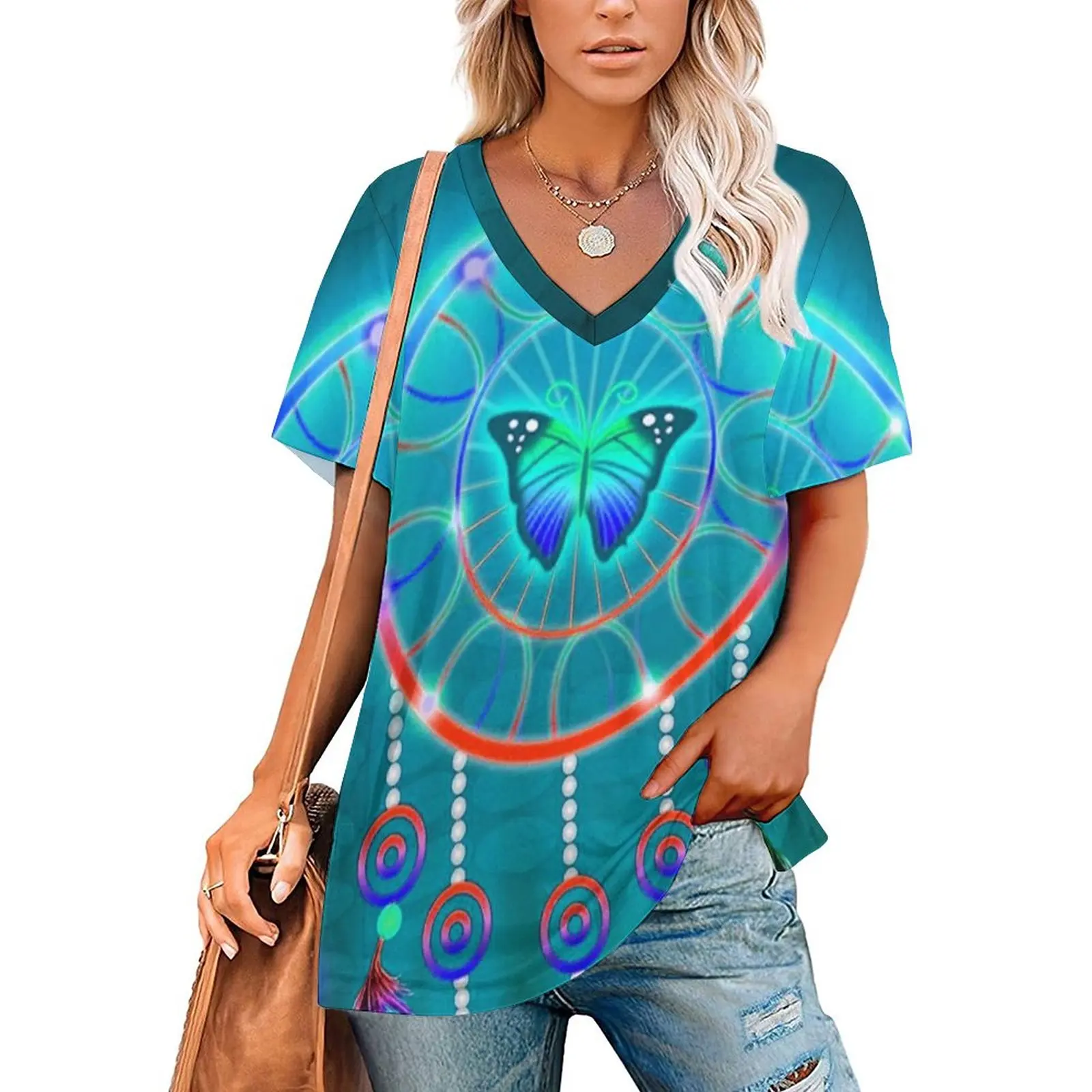 Summer Women's New Short Sleeve Top Tee Dreamcatcher Butterfly Print V-neck Blouse Goth Tops 
Summer Women's New Short Sleeve Top Tee Dreamcatcher Butterfly Print V-neck Blouse Goth Tops