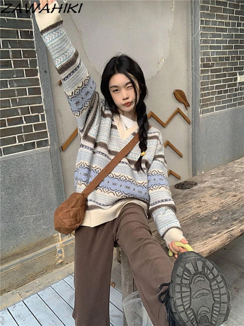 Vintage Autumn Winter Thick Knitted Sweater Harajuku Women V-Neck Pullover Sweaters Y2K 90S Warm Loose Striped Knitwear Tops 
Vintage Autumn Winter Thick Knitted Sweater Harajuku Women V-Neck Pullover Sweaters Y2K 90S Warm Loose Striped Knitwear Tops