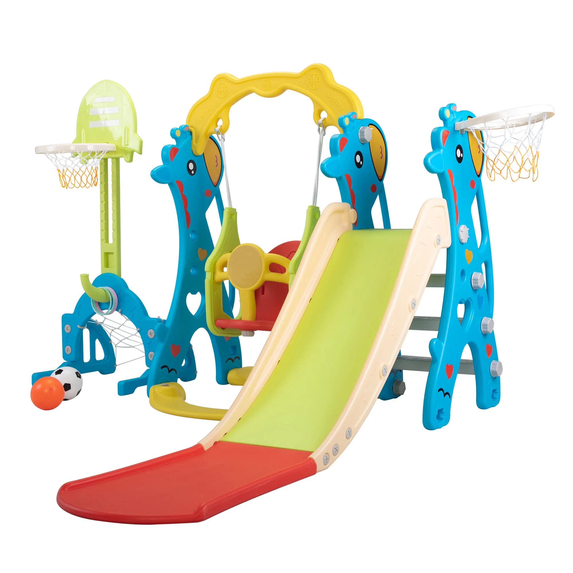 5 in 1 Slide and Swing Playing Set, Toddler Extra-Long Slide with 2 Basketball Hoops, Football, Ring
5 in 1 Slide and Swing Playing Set, Toddler Extra-Long Slide with 2 Basketball Hoops, Football, Ring
