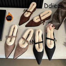 Wool Lamb Flats Shoes Ladies Shallow Mary Janes Female Fashion Buckle Strap Footwear Autumn Winter Pointed Toe Women Fur Shoes