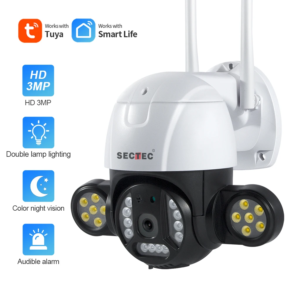 

SECTEC TUYA 3MP Outdoor Security Camera WIFI Two-way Voice Real-time Interrcom CCTV Mini Color Double Lamp Lighting Cam Alexa