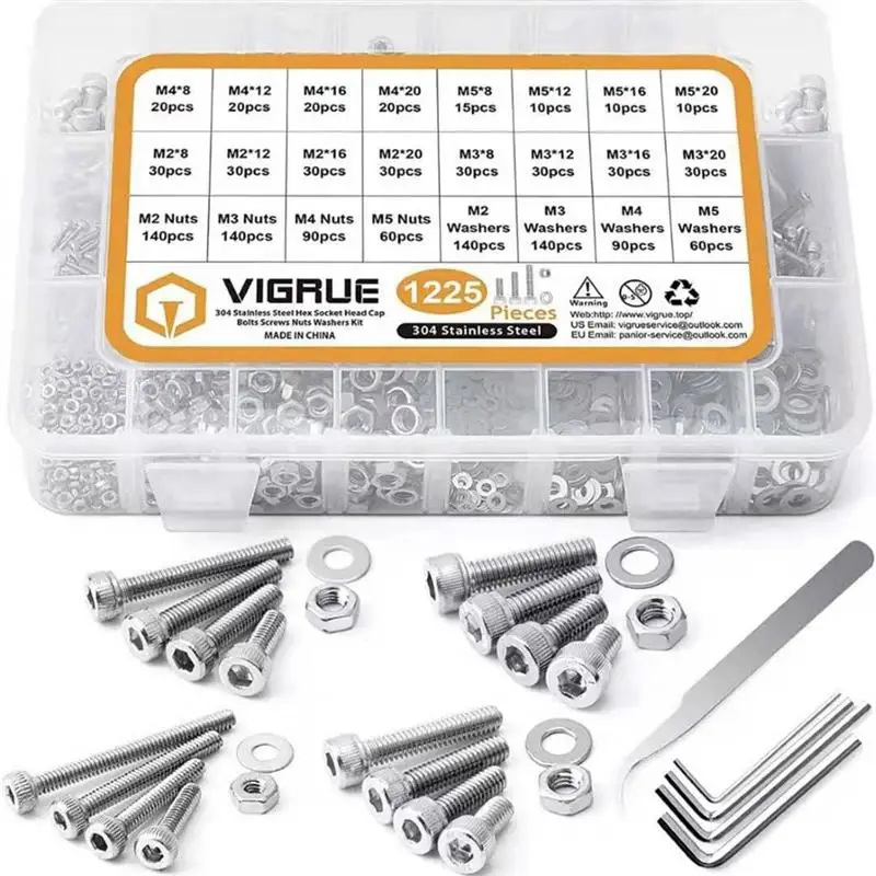

1225pcs Hex Socket Head Cap Screws Kit M2 M3 M4 M5 Stainless Steel Bolts Nuts Lock Flat Washers Assortment With Allen Wrench