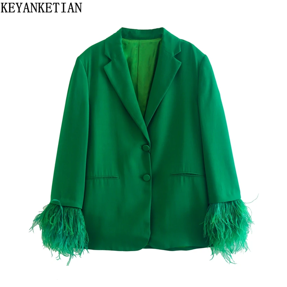 KEYANKETIAN Women's spring clothes new chic cuff feather embellished green single breasted straight suit jacket fashion top
KEYANKETIAN Women's spring clothes new chic cuff feather embellished green single breasted straight suit jacket fashion top