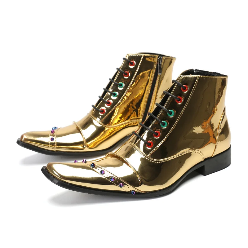 Patent Leather Gold Shoes Men Colorful Rivets Spiked Ankle Boots Square Toe Lace Up Stage Performance Shoes Size 47 Short Boots
Patent Leather Gold Shoes Men Colorful Rivets Spiked Ankle Boots Square Toe Lace Up Stage Performance Shoes Size 47 Short Boots