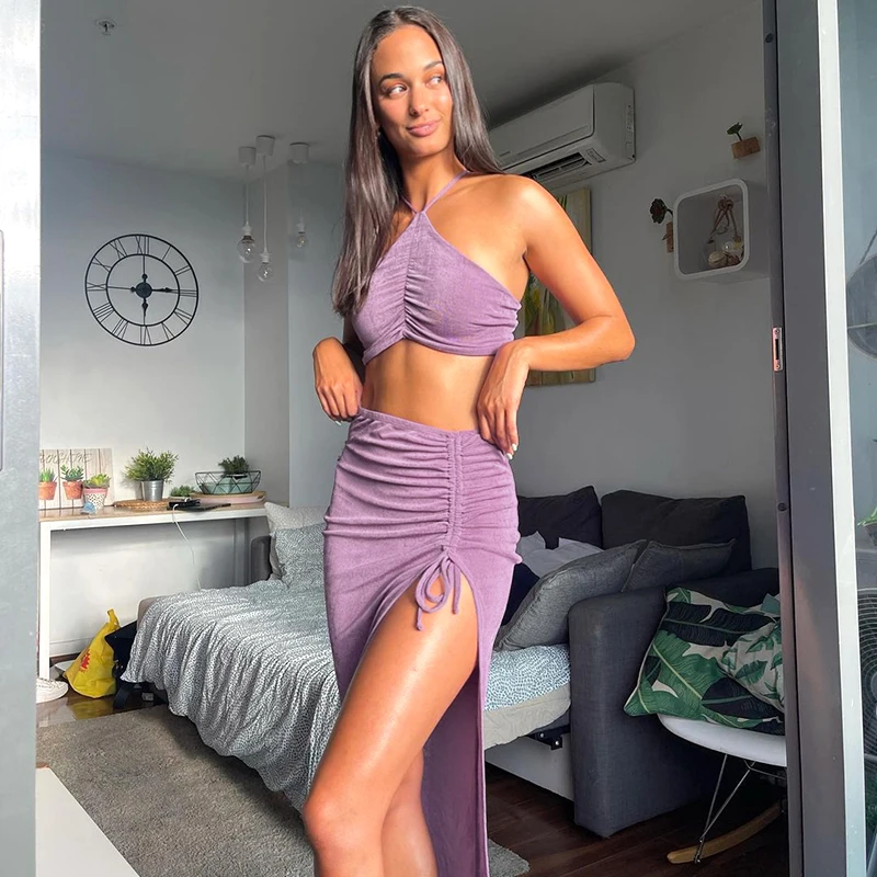 Elegant Sleeveless Split Ruched Halter Dress Sets Women Club Party Sexy 2 Piece Sets Fashion Outfit Summer Clothes
Elegant Sleeveless Split Ruched Halter Dress Sets Women Club Party Sexy 2 Piece Sets Fashion Outfit Summer Clothes