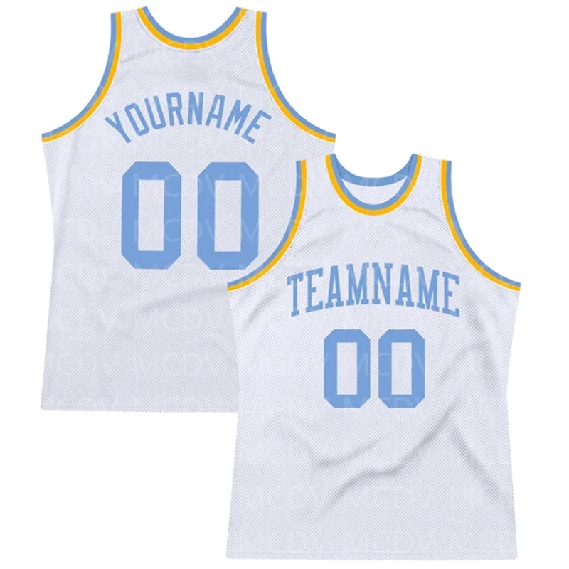 Custom White Light Blue-Gold Authentic Throwback Basketball 3D Print Team Name Number Vest Game Practice Clothes Adult/Youth
Custom White Light Blue-Gold Authentic Throwback Basketball 3D Print Team Name Number Vest Game Practice Clothes Adult/Youth