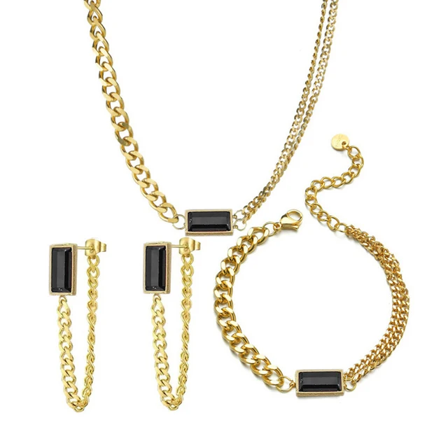 Stainless Steel Gold Baguette Stone Necklace Bracelet Set Jewelry For Women Jewelry On The Neck Брендовая Бижутерия Luxury
Stainless Steel Gold Baguette Stone Necklace Bracelet Set Jewelry For Women Jewelry On The Neck Брендовая Бижутерия Luxury
