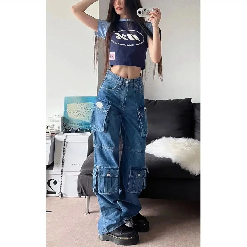 

Брюки-карго Женские винтажные с множеством карманов, свободные брюки в стиле High Street с эффектом потертости, модные повседневные джинсы с завышенной талией в американском стиле, Y2K