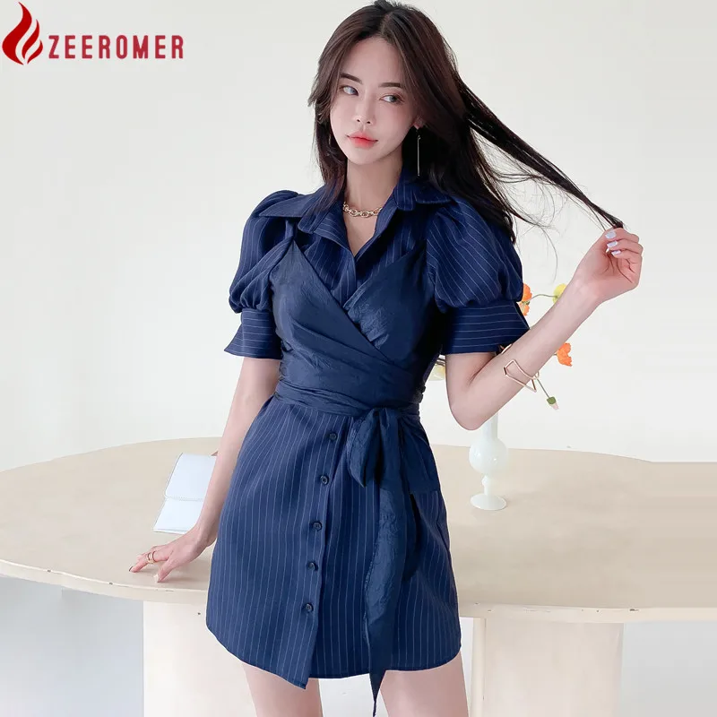Dark Blue Striped Shirt Dress 2022 Summer Turn-down Collar Puff Sleeve High Waist lace-Up Temperament Elegant Office Lady Dress
Dark Blue Striped Shirt Dress 2022 Summer Turn-down Collar Puff Sleeve High Waist lace-Up Temperament Elegant Office Lady Dress