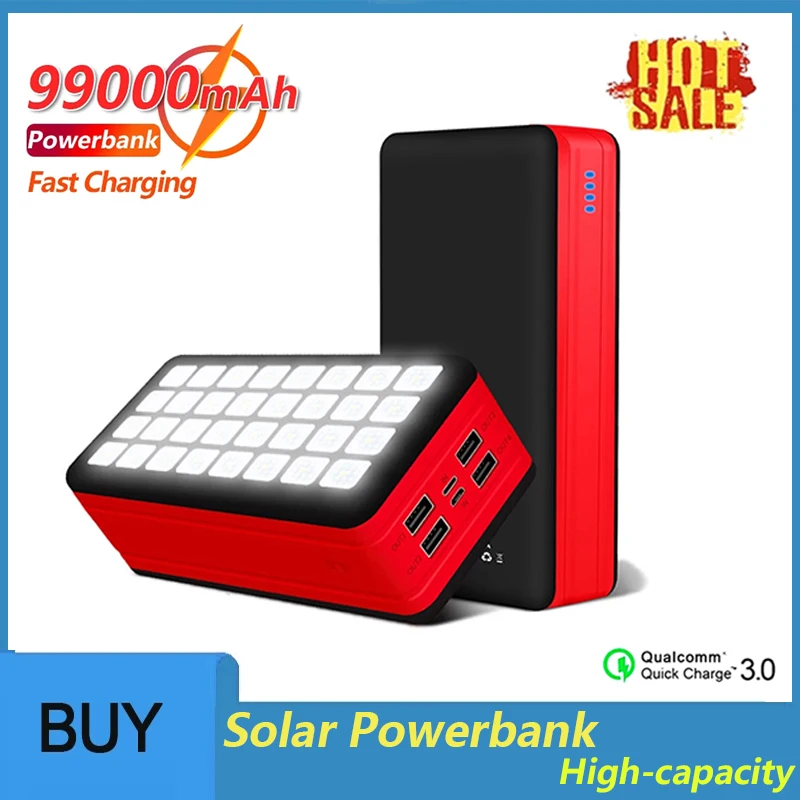 Large Capacity 99000mAh Solar Power Bank with Camping Lights 4 USB Ports Outdoor Travel External Battery Fast Charger for Phone
Large Capacity 99000mAh Solar Power Bank with Camping Lights 4 USB Ports Outdoor Travel External Battery Fast Charger for Phone