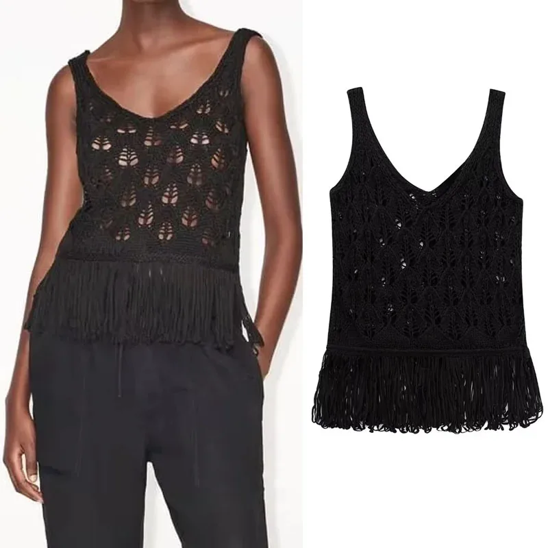 TRAF Black Fringed Knit Top For Woman V-Neck Wide Straps Blouses Sexy Hollow Out Sleeveless Open Weave Top Women Clothing Summer
TRAF Black Fringed Knit Top For Woman V-Neck Wide Straps Blouses Sexy Hollow Out Sleeveless Open Weave Top Women Clothing Summer