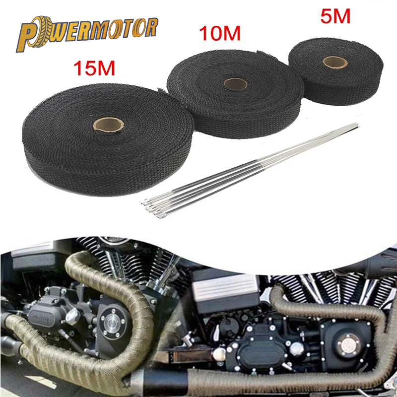 

5cm*5M/10M/15M Motorcycle Exhaust Thermal Tape Header Heat Wrap Manifold Insulation Roll Resistant with Stainless Ties