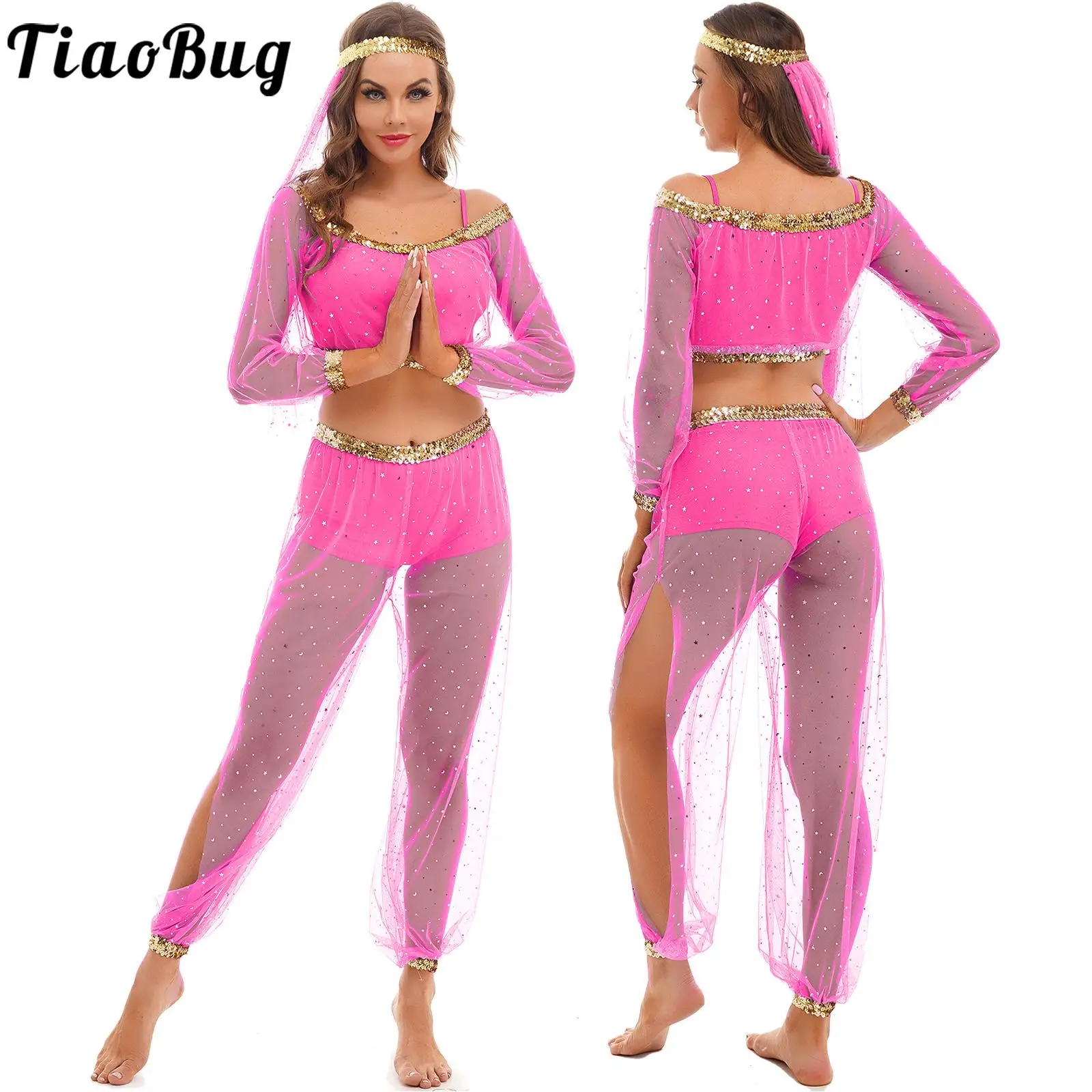 Tiaobug Womens 3Pcs Belly Dance Suits Shiny Sequins Sheer Mesh Overlay Crop Tops & Split Pants Headwear Halloween Party Outfits
Tiaobug Womens 3Pcs Belly Dance Suits Shiny Sequins Sheer Mesh Overlay Crop Tops & Split Pants Headwear Halloween Party Outfits