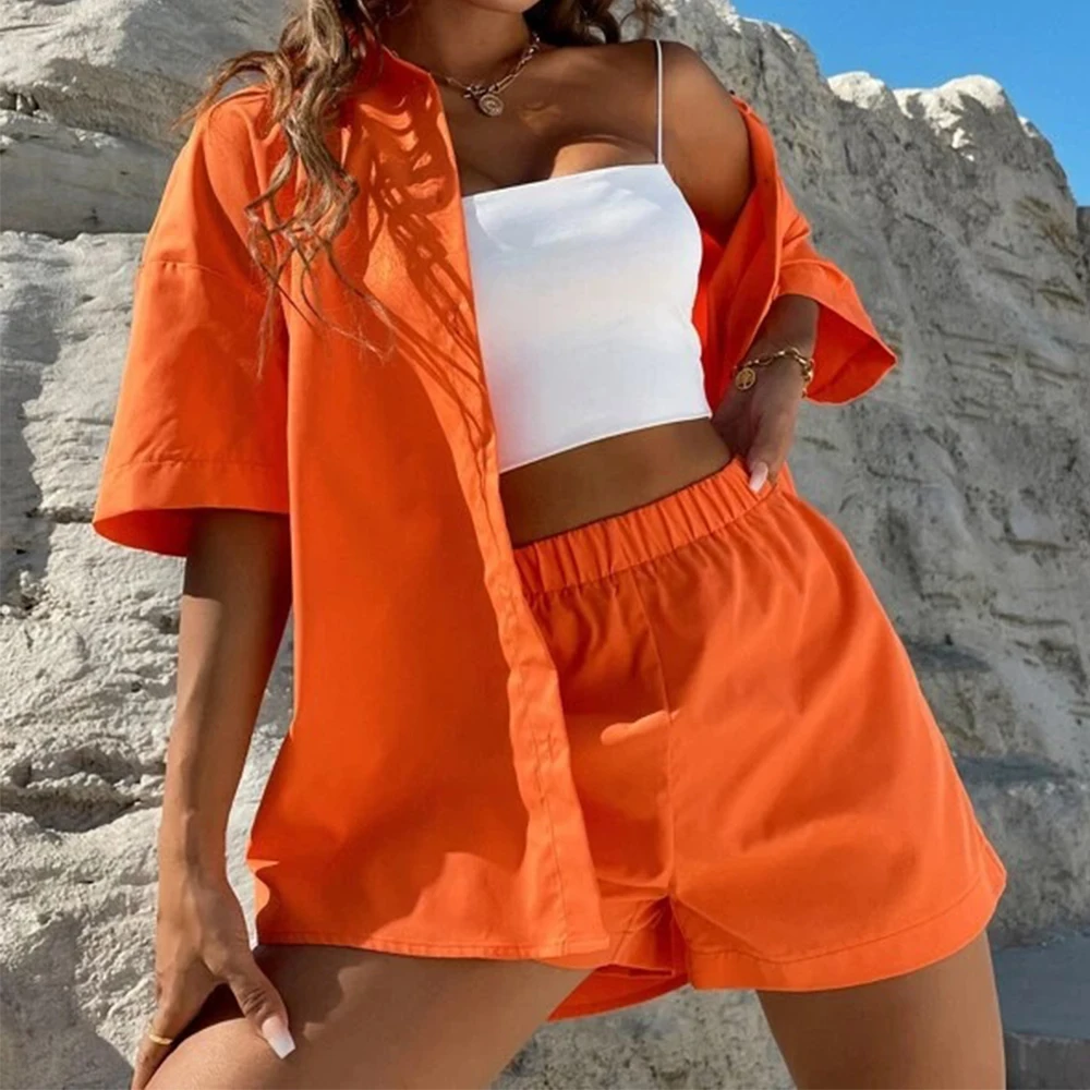 Summer Solid Women Two Piece Set Elegant Loose Short Sleeve Shirt and Mini High Wasit Shorts Fashion Casual Ladies 2 Piece Suit
Summer Solid Women Two Piece Set Elegant Loose Short Sleeve Shirt and Mini High Wasit Shorts Fashion Casual Ladies 2 Piece Suit
