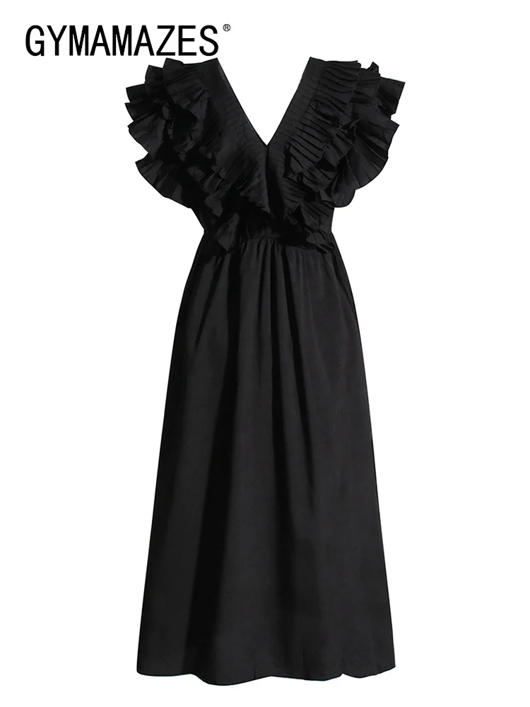 GYMAMAZES Patchwork Ruffle Trim Solid Dress For Women V Neck Sleeveless High Waist Midi Dresses Female Summer Fashion New Style
GYMAMAZES Patchwork Ruffle Trim Solid Dress For Women V Neck Sleeveless High Waist Midi Dresses Female Summer Fashion New Style