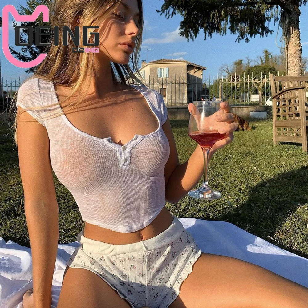 OEING Hot Sexy Summer Female T-Shirts Slim Button White See Through Crop Tops Tee Short Sleeve Thin Streetwear New T Shirt Women
OEING Hot Sexy Summer Female T-Shirts Slim Button White See Through Crop Tops Tee Short Sleeve Thin Streetwear New T Shirt Women