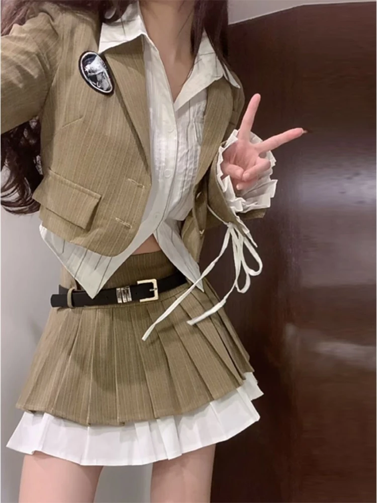 Korean Style Suit Preppy Elegant 3 Piece Set Skirt Woman Khaki Short Blazers + Casual Shirt + Fashion Y2k Mini Skirt 2023 Autumn
Korean Style Suit Preppy Elegant 3 Piece Set Skirt Woman Khaki Short Blazers + Casual Shirt + Fashion Y2k Mini Skirt 2023 Autumn