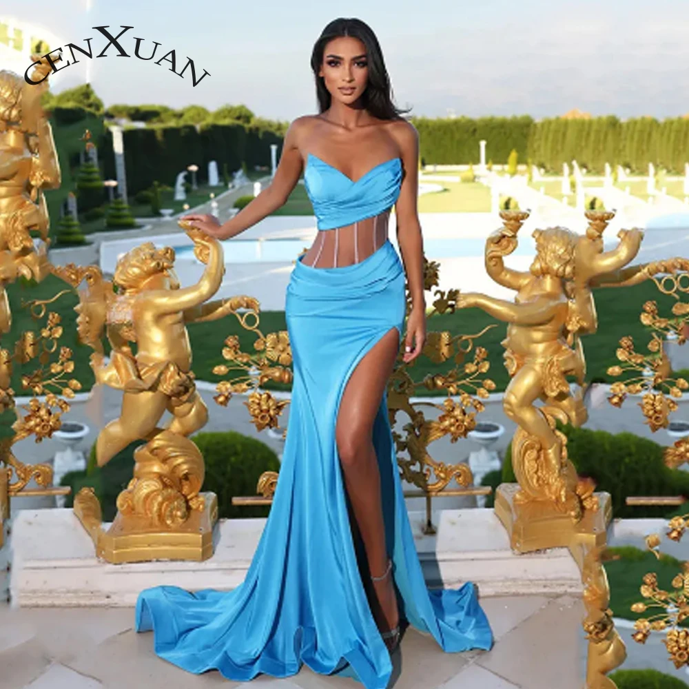 

Cenxuan Charming Satin Mermaid V-Neck Backless Sleeveless Side Slit Illusion Evening Party For Women Personalised Abendkleider