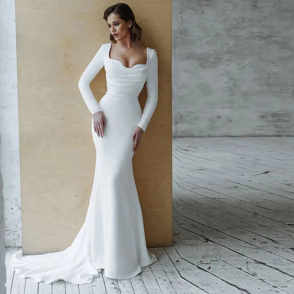 White Satin Mermaid Wedding Dresses With Long Sleeves Sweetheart Pleated Bridal Gown Sweep Train Reception Party Gowns For Bride
White Satin Mermaid Wedding Dresses With Long Sleeves Sweetheart Pleated Bridal Gown Sweep Train Reception Party Gowns For Bride