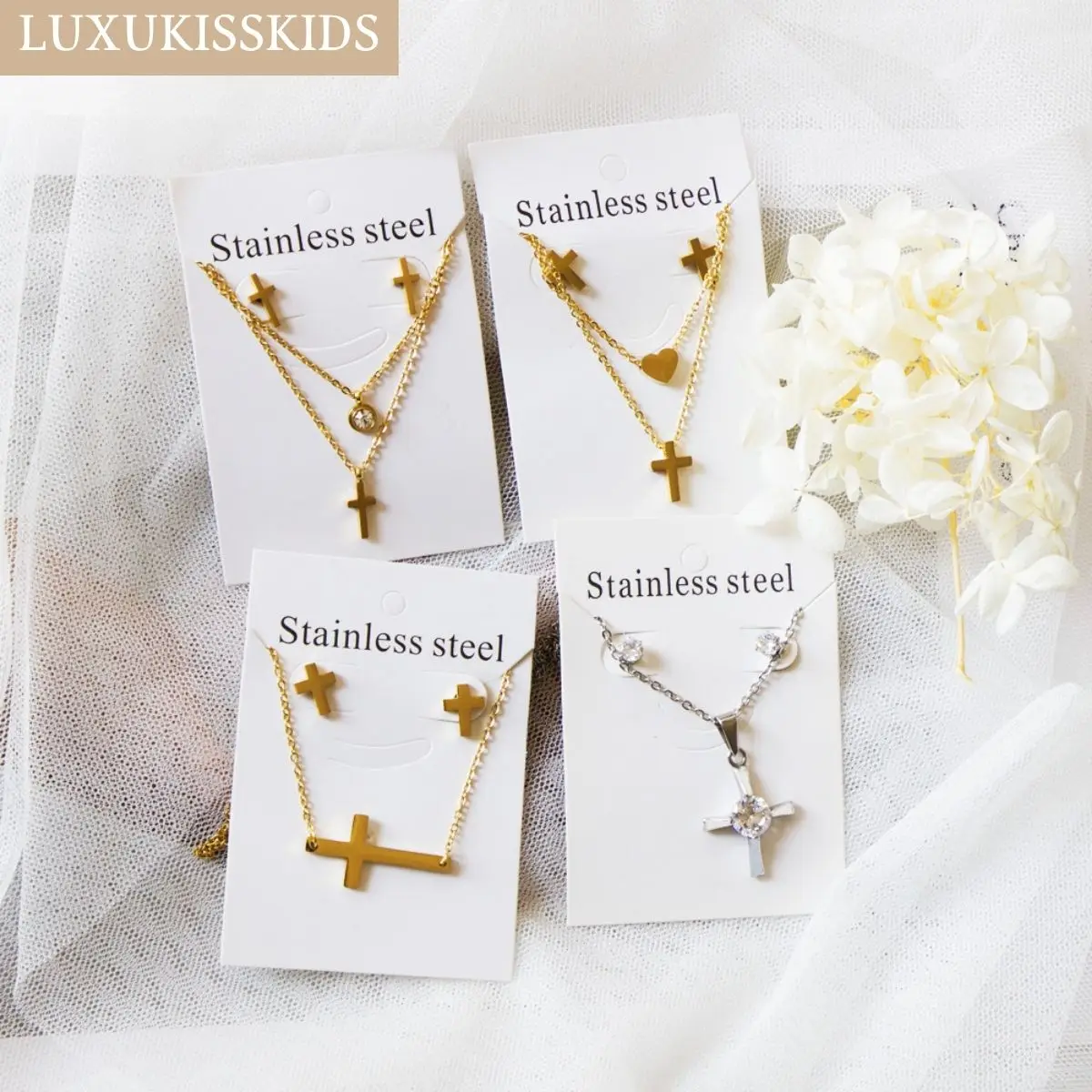 

LUXUKISSKIDS Cross Necklace Woman Choker Jesus Cross Pendants Stainless Steel Jewelry Sets For Man Christian Prayer Baptism Gift