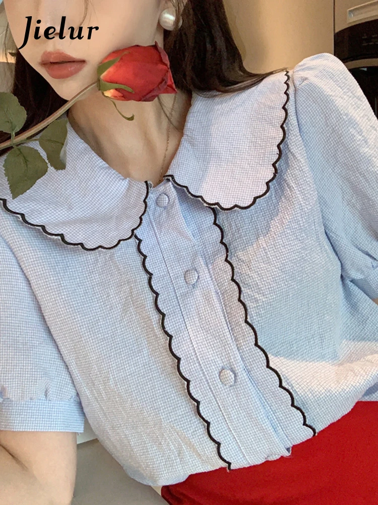 Jielur Hit Color Peter Pan Collar Sky Blue Shirts Women 2022 Summer Blouses Short Sleeve Tops Chic Clothing Female Loose S-XL
Jielur Hit Color Peter Pan Collar Sky Blue Shirts Women 2022 Summer Blouses Short Sleeve Tops Chic Clothing Female Loose S-XL