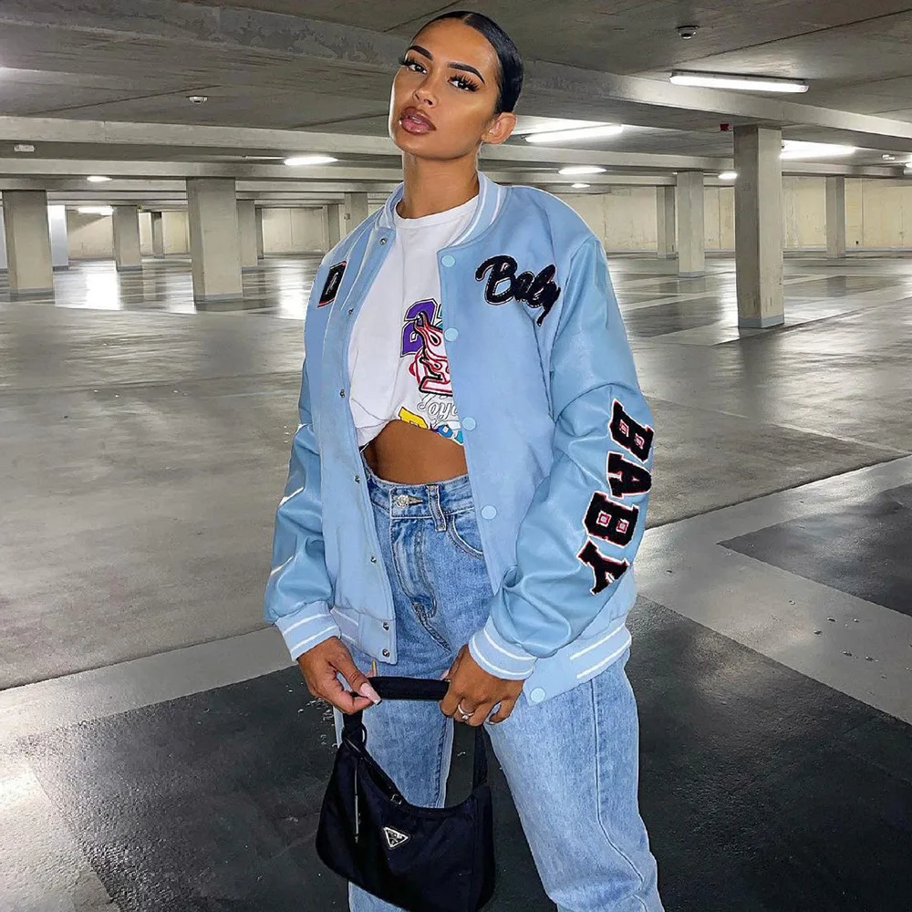 Женская куртка-бомбер с длинным рукавом, синяя бейсбольная куртка с надписью, Осень-зима 2021
Женская куртка-бомбер с длинным рукавом, синяя бейсбольная куртка с надписью, Осень-зима 2021