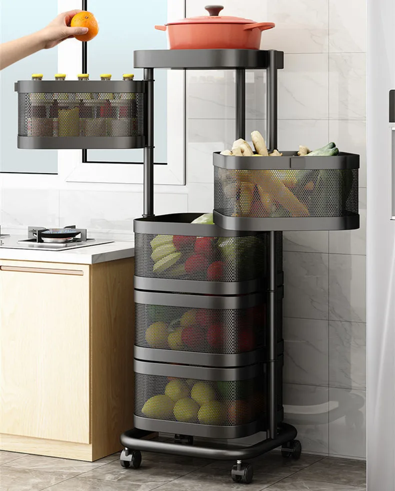 

Kitchen Multi-Layer Vegetable and Fruit Trolley Shelf Floor Pulley Can Rotate Seasoning Bottle Snack Sundry Organizer Rack